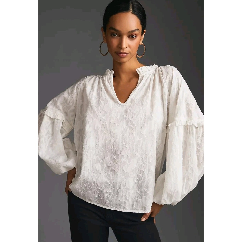 Anthropologie Forever That Girl White Cotton Jacquard Ruffle Blouse XXS NEW